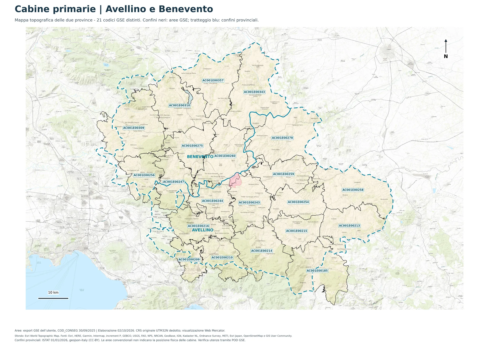 Mappa delle province di Avellino e Benevento con le aree convenzionali delle 21 cabine primarie GSE e i relativi codici; in rosa il comune di Venticano